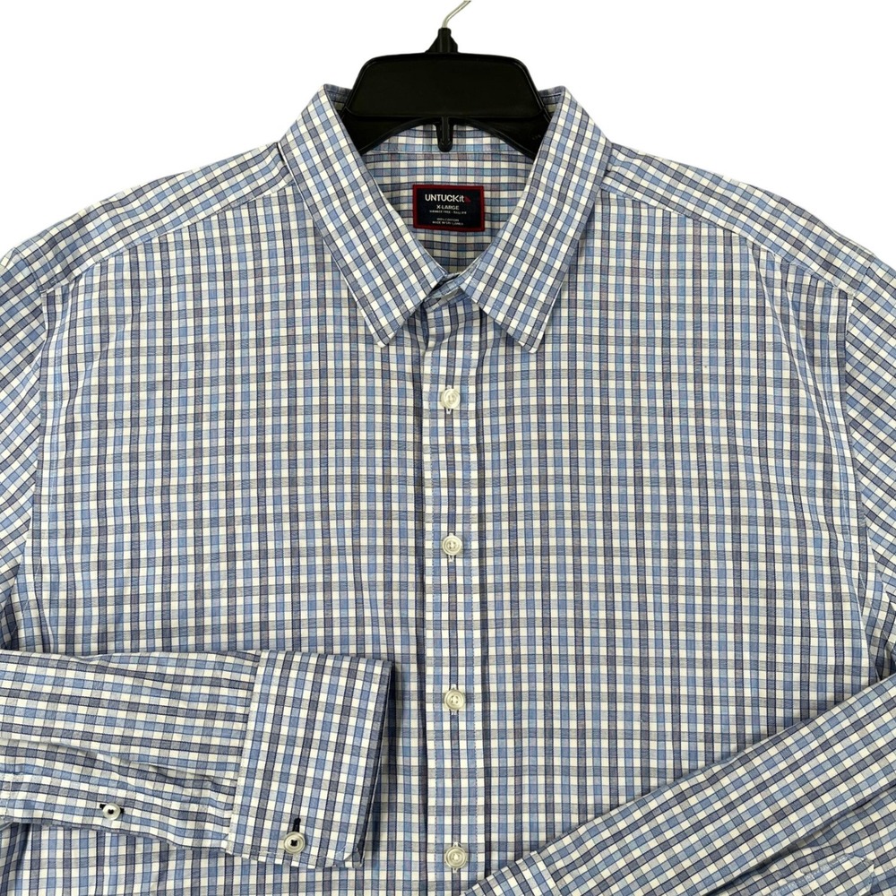 UNTUCKit Plaid Button Down Shirt Mens XLT Blue White Wrinkle Free Cotton Tall
